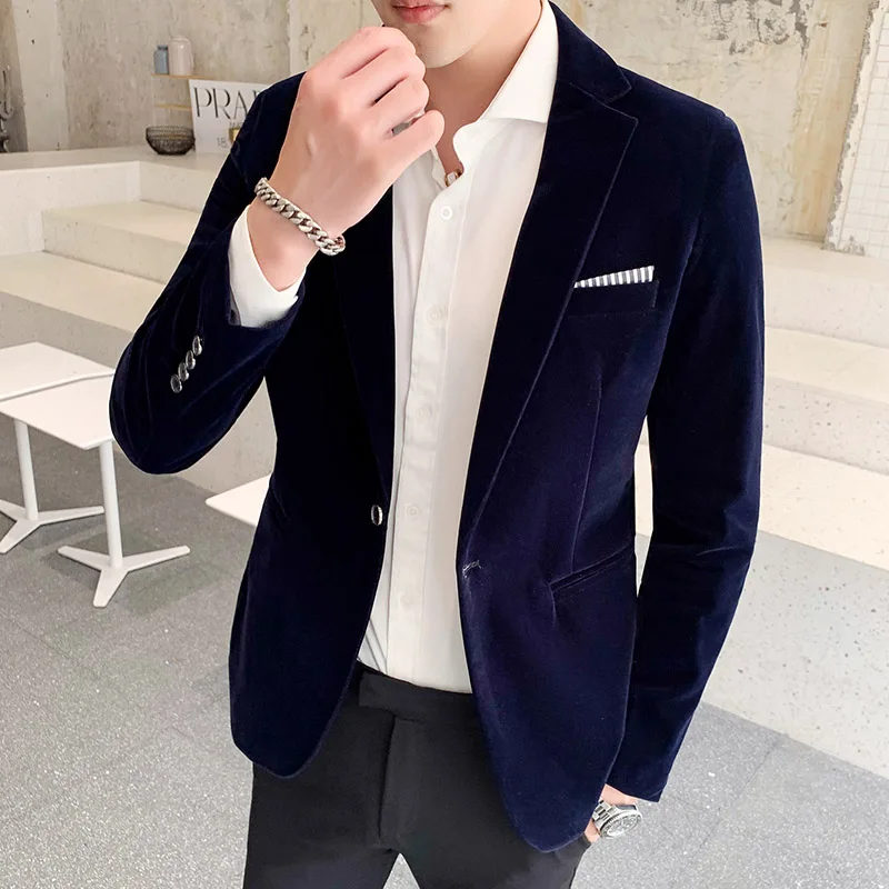 2022 Brand Clothing Men Golden Velvet Suit/Male Slim High Quality Business Blazers/Groom's Wedding Dress Men's Jacket | Мужская