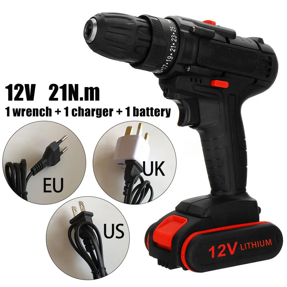 12V 2-Скорость Электрическая аккумуляторная дрель-шуруповерт инструмент для ремонта с литий-ионным Батарея комплект 1* Электрическая дрель 1* Батарея 1* Зарядное устройство