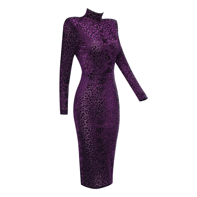 HIGH STREET Newest 2022 S/S Designer Star Fashion Women's Long Sleeve Sexy Perspective Leopard Emboss Velvet Stretchy Dress