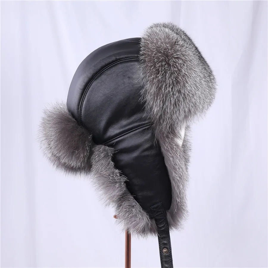 Silver Fox Fur Зимняя мужская шапка-бомбер из натурального меха серебристой лисы, шапка-ушанка из меха енота, шапка-ушанка, Лыжные шапки для русских мужчин, шапка s из натуральной кожи - Цвет: Silver Fox Fur