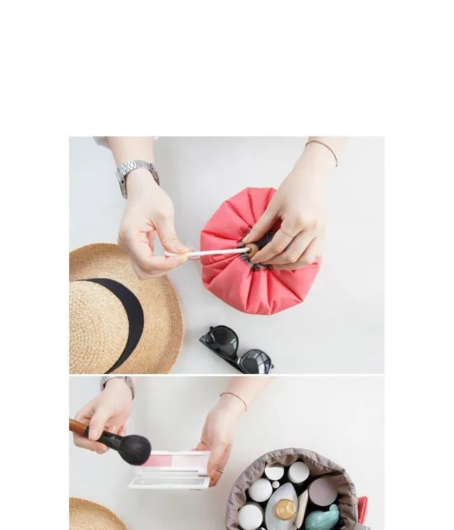 New Beautician Barrel Shaped Travel Cosmetic Bag Nylon High Capacity Drawstring Drum Wash Bags Makeup Organizer Storage