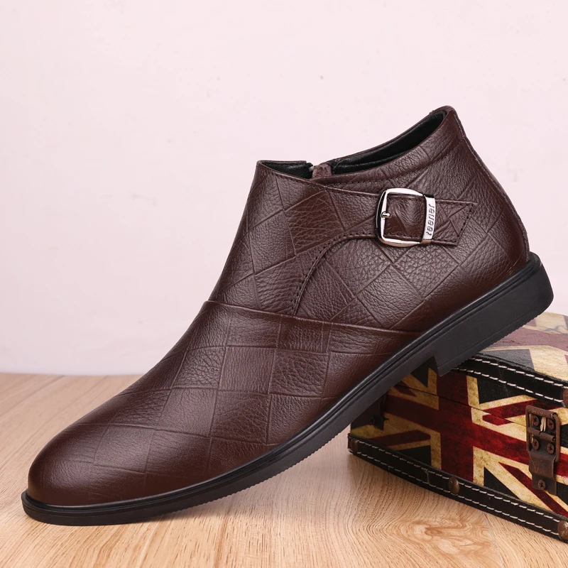Winter Warm Casual Boots Men Inside Fur Ankle Boots Men Buckle Strap Men Dress Boots Good Quality Leather Boots Mens Size 38-46