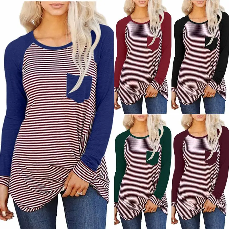 

New Style for Autumn and Winter Striped Mosaic Long-Sleeved T-shirt Europe and the United States Large Size Dress