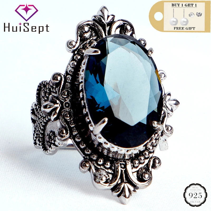 HuiSept Vintage 925 srebrny pierścień biżuteria duży owalny Shaped Sapphire Gemstones pierścionki dla mężczyzn kobieta Wedding Party prezenty hurtownie