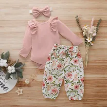 Детские осенние комплекты для маленьких девочек с длинными рукавами, однотонный хлопковый комбинезон, топы, Цветочные штаны и повязка на голову, повседневные комплекты одежды