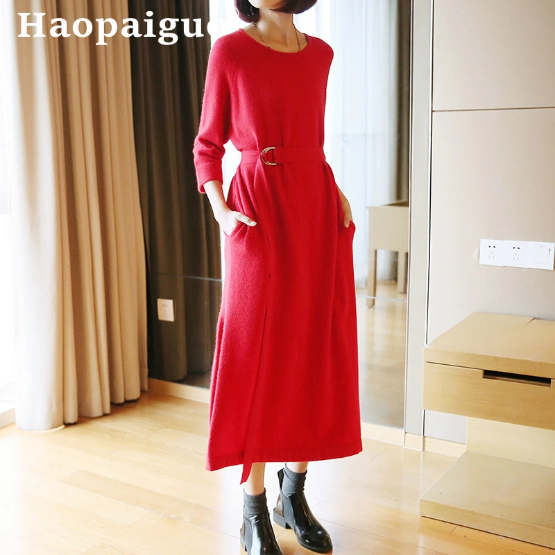 

M-XXL Large Size Autumn Sweater Dress Women Red Casual Winter Dresses Ladies Streetwear Modis Long Sleeve Knitted Retro Dress