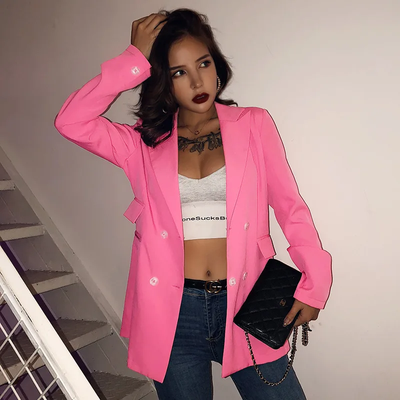 High Street Long Sleeve Pink Blazer Women Casual Double Breasted Long Coats And Jackets Korean Kawaii Elegant Overcoat Autumn