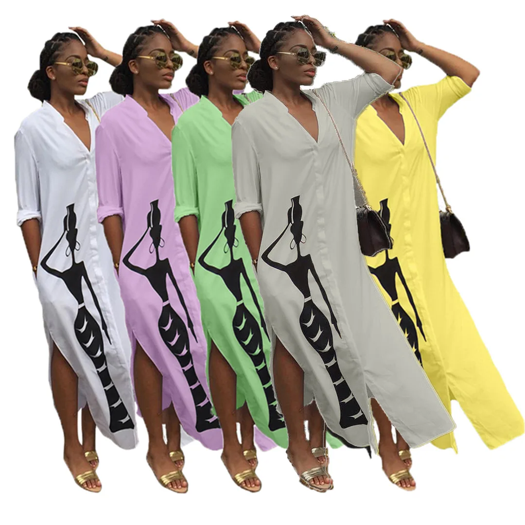 

Ladies Long Sleeve Printed V-Neck Split Long Shirt Dress