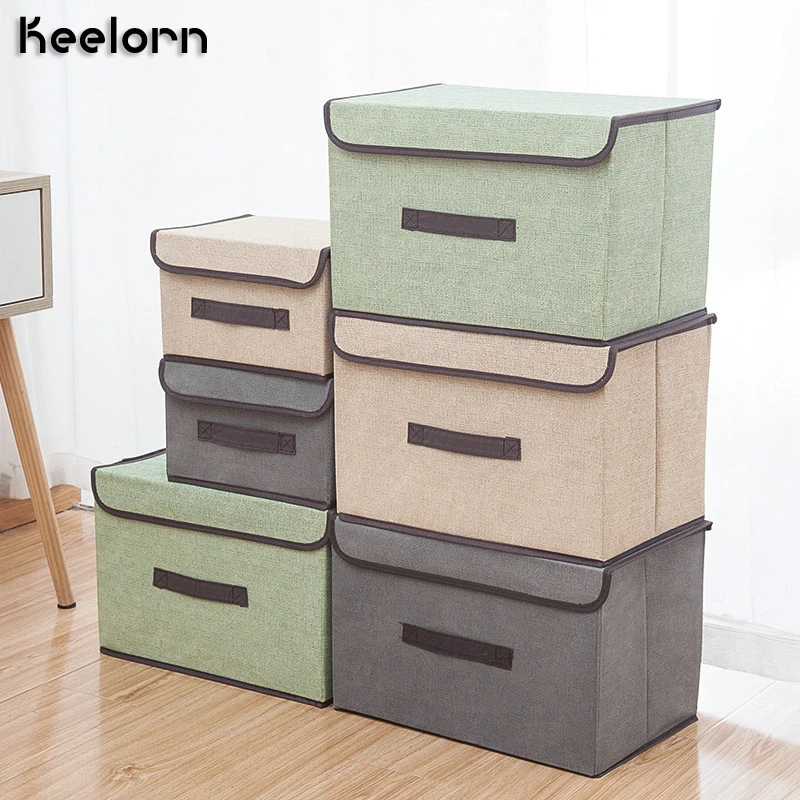 

Keelorn Linen-like Non-woven Sundries Storage Box With Cover Storage Box Foldable Clothing Portable Dustptoof Storage Box