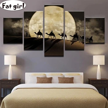 

5 PCS full drill diamond Camel herd in desert moon painting square Round Rhinestone diamond embroidery mosaic living room decor