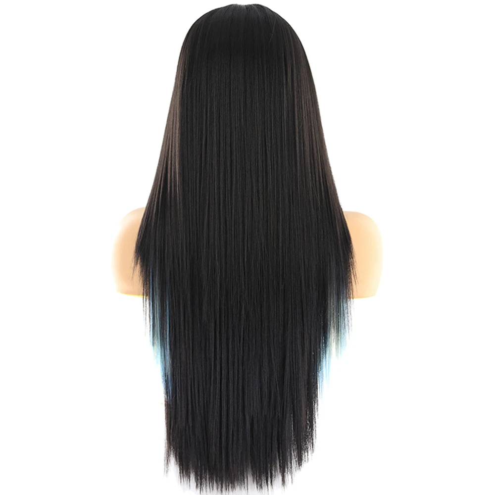 Yaki Straight Synthetic Hair Wigs With Natural Hairline X-TRESS Ombre Blue Color Long Layered Lace