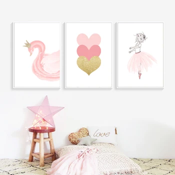 

Nordic Kids Poster Pink Ballet Poster Swan Wall Art Posters And Prints Cartoon Canvas Painting Heart Pictures Girl Room Unframed