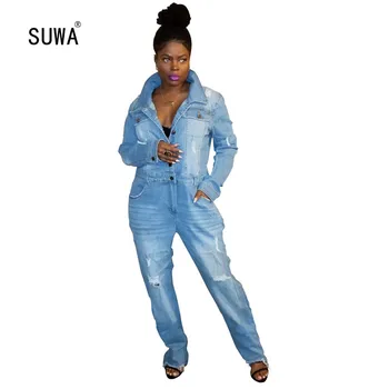 

2020 Spring Women Long Sleeve Jeans Denim Jumpsuit Casual Button Deep V Neck Jeans Rompers Sexy Streetwear Outfit Overalls