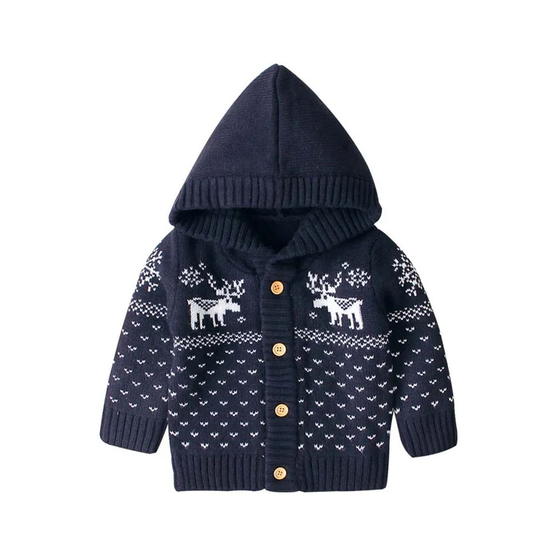 Рождественские свитера для новорожденных мальчиков и девочек, зимнее теплое вязаное пальто с оленем, свитер, одежда с капюшоном - Цвет: Синий