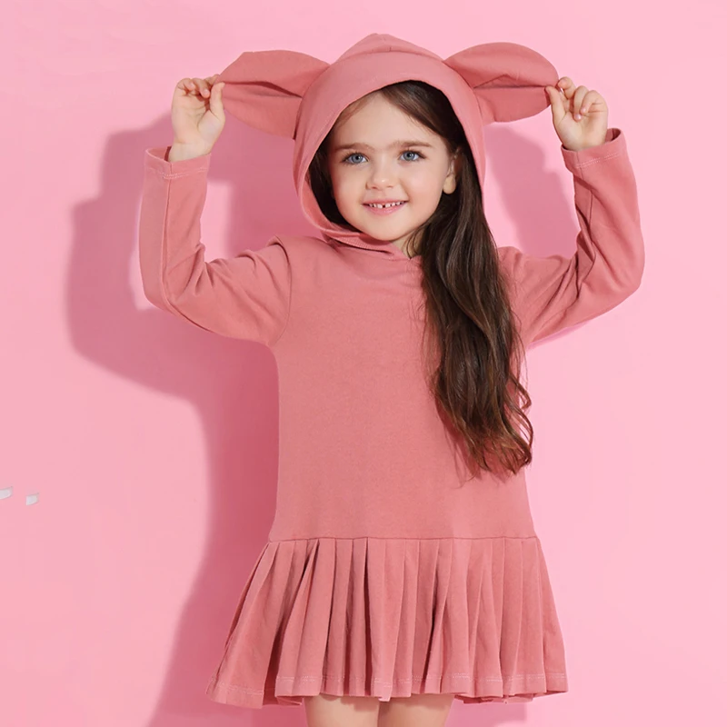 pink az1080 Bear leader/платье для девочек; Новинка; брендовая блузка для маленьких девочек; одежда для детей с длинными рукавами и капюшоном с кроличьими ушками и рюшами; Одежда для девочек - Цвет: pink az1080