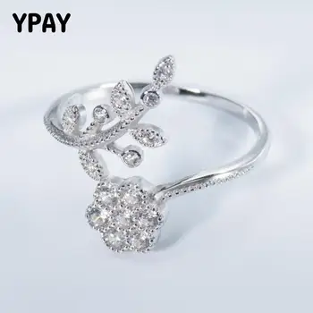 

YPAY New 100% 925 Sterling Silver Rings for Women Flower and Leave Pattern Vintage Style Ring Fine Jewelry Birthday Gift YMR444