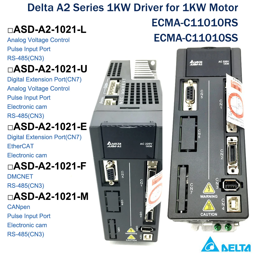 Delta A2 Series Servo ASDA Driver 1KW ASD-A2-1021-L/U/E/F/M 20-bit 220V  Incremental encoder RS-485 DMCNET CANopen E-cam EtherCAT