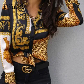 

Dilusoo Women Leopard Print Shirts Lapel Buttons Long Sleeve Tops Woman Office Lady Shirt Female Tops