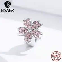 BISAER горячая Распродажа 925 пробы серебряные бусины Сакура Цветы Подвески подходят для браслетов Розовый Циркон Серебро 925 оригинальные ювелирные изделия