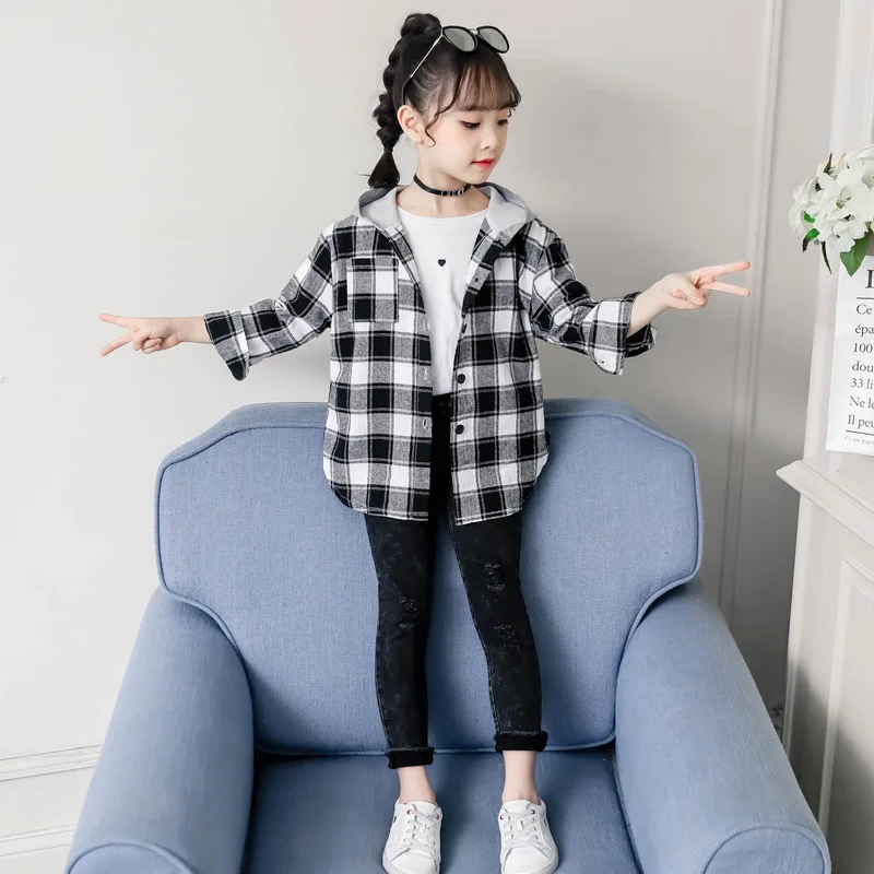 

Loose-Fit Girls 2019 Fashionable Childrenswear Korean-style chun qiu wang Red B Class Child Anhui Province Plaid Shirt Hooded Co