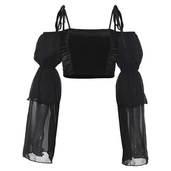 

Women Off Shoulder Crop Black Blouse Female Black Mesh Patchwork Sexy Short Bloack Tight Tops Cool Girl Punk Rock Streetwear