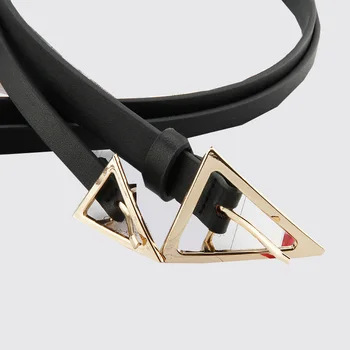 

Women Vintage PU Leather Belts Ladies Golden Triangle Buckle Dresses Waistband