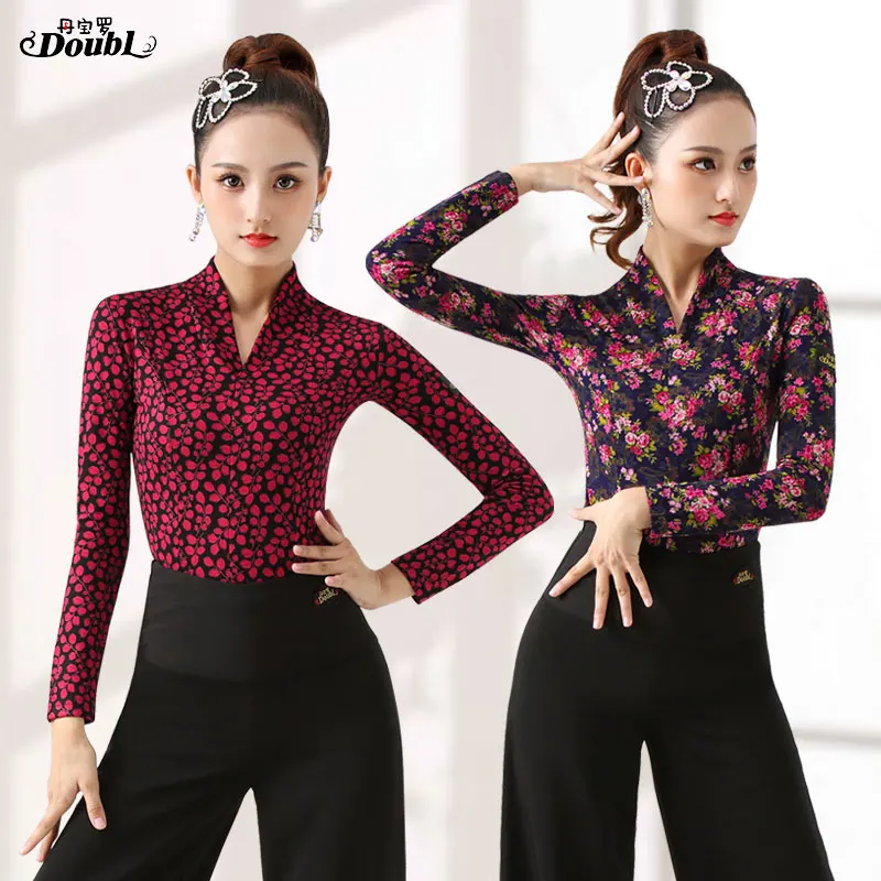 DOUBL Modern Dance Top Women's Long Sleeve Dance Social Dance National Standard Dance T Shirt Spring Printing Workout Traning