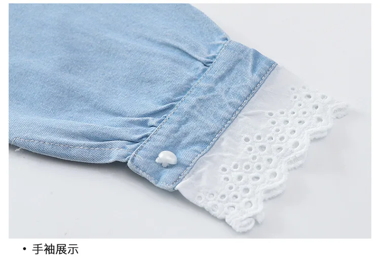Girl'S Lace Light Blue Cotton Denim Shirt Middle And Large Children Young STUDENT'S Spring And Autumn Cute Shirt