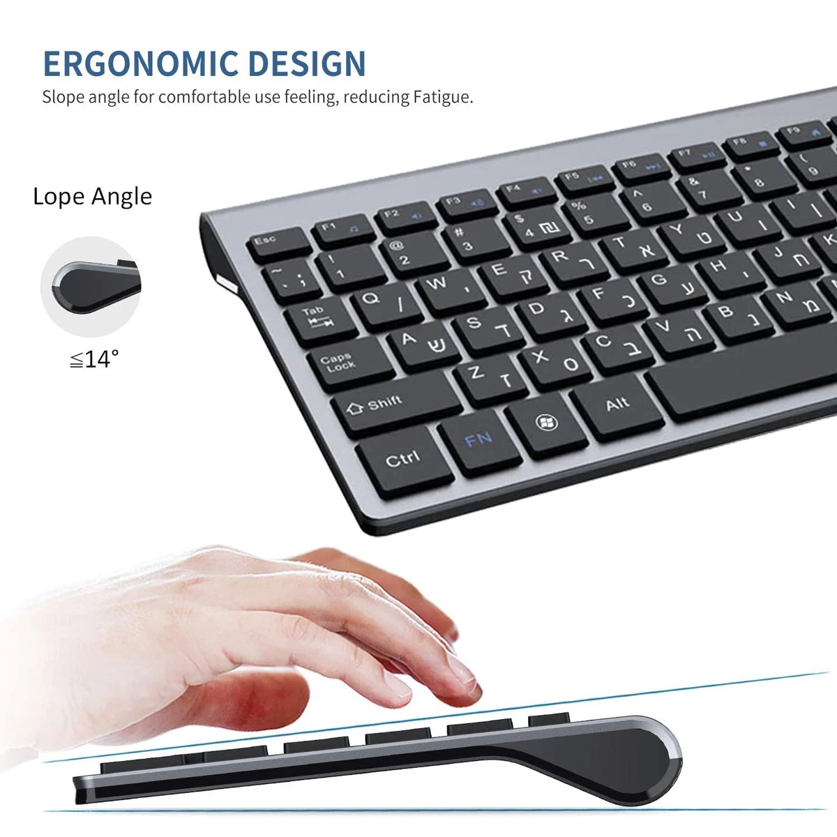 Caracteres Inglês Hebraico Magro Teclado sem Fio Teclado Compacto para Laptop Windows pc Desktop Smart tv Baixo Ruído 101 Teclas 2.4g - Imagem 4