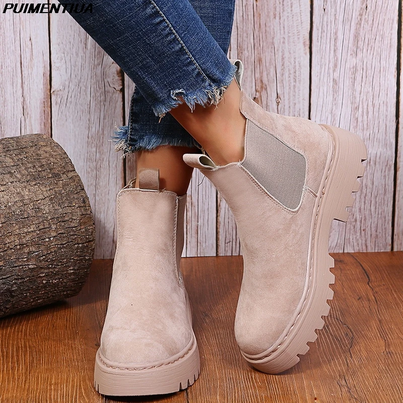 Botines para mujer, botas con plataforma de cuero ante, color Beige, Vintage, para moto y nieve|Botas el tobillo| - AliExpress