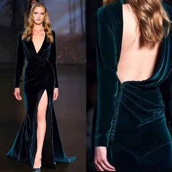 

Blue Muslim Evening Dresses Mermaid V-neck Long Sleeves Velvet Slit Islamic Dubai Saudi Arabia Long Evening Gown Prom Dress