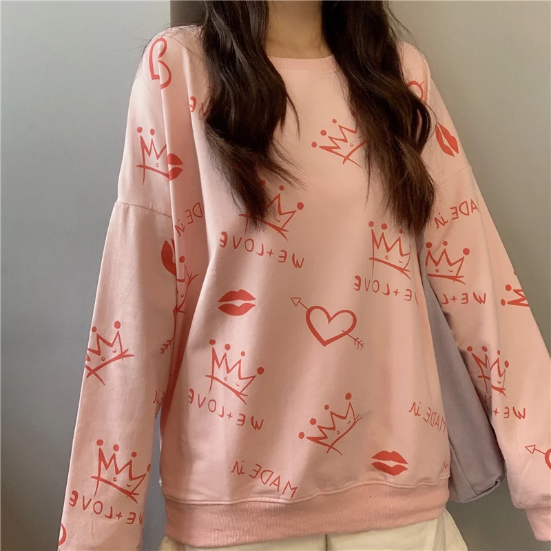 Harajuku пуловер Топ для женщин Корона граффити печати кофты Женская мода хип хоп Уличная Kawaii девушки осенние толстовки 2XL
