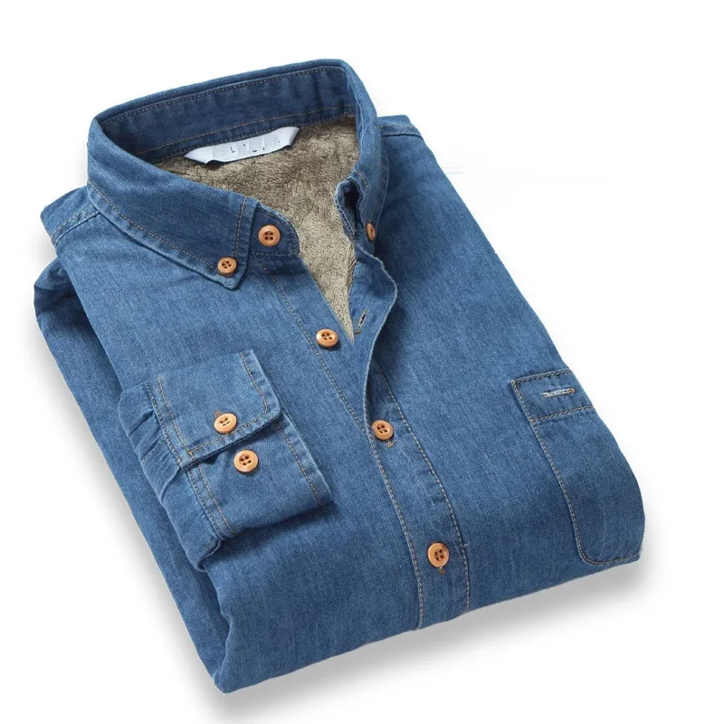 Fleece Long Sleeve Jeans Shirt Men Autumn Winter Plus Velvet Thicken Warm Men Denim Shirt Men Dress Shirt Camisa Masculina