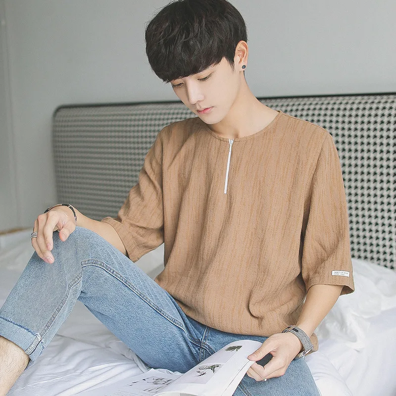 

Large Size Japanese Korean Men's Cotton Linen Students Half Sleeve Tops Trend Three-quarter-length Sleeve Short Short Sleeve Fas