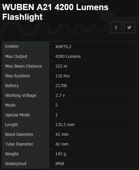 Батарея wuben A21 flashilght с батареей
