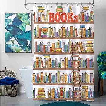 

Shower Curtains Yellow Modern,Library Bookshelf with A Ladder School Education Campus Life Caricature