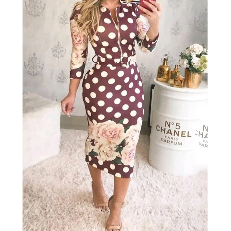 

2020 New Fashion Long Sleeve Slim Waist with print belt Women Dot Flower Print Bodycon Midi dress