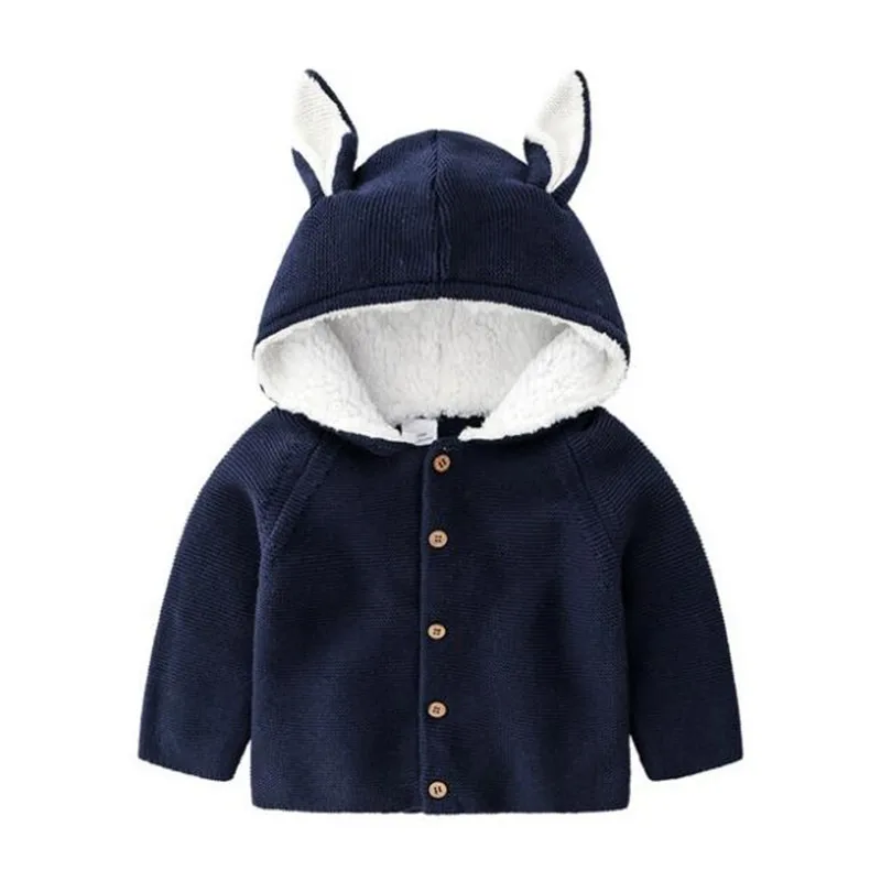 Вязаный детский кардиган с заячьими ушками; свитер для малышей; Осенняя детская куртка; пальто; свитер с капюшоном для маленьких девочек; свитер для маленьких мальчиков; кардиган - Цвет: Синий