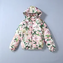 Европейская и американская женская одежда Зимний стиль длинный рукав с капюшоном с принтом лилии утолщенный короткий пуховик