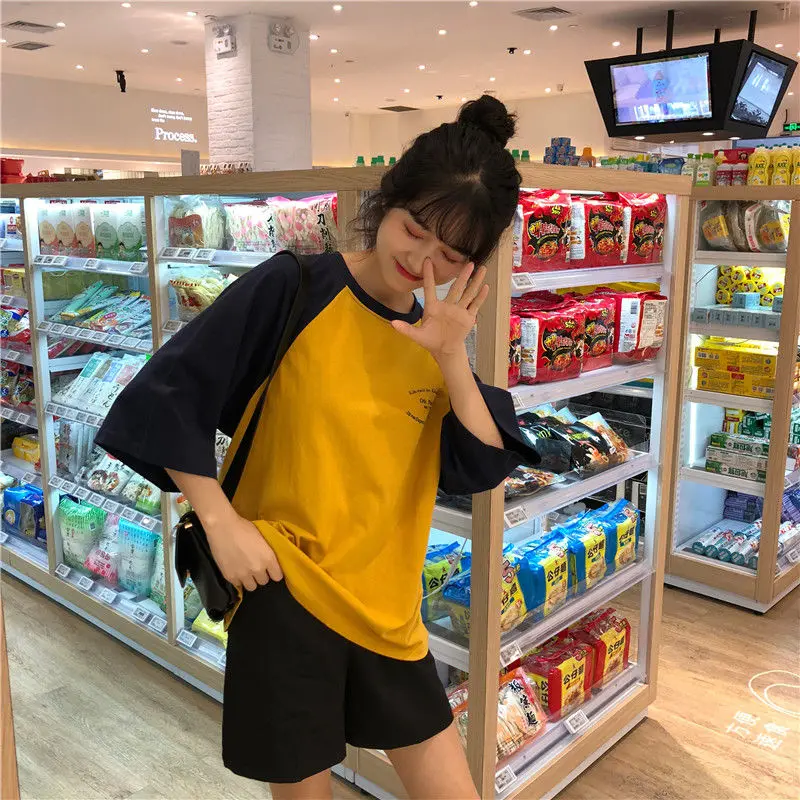 Women 5 Quarter Short Raglan Sleeve T-shirts Casual Patchwork Loose PopularO-neck Lazy Korean Style Simple Vintage584_voghion.com