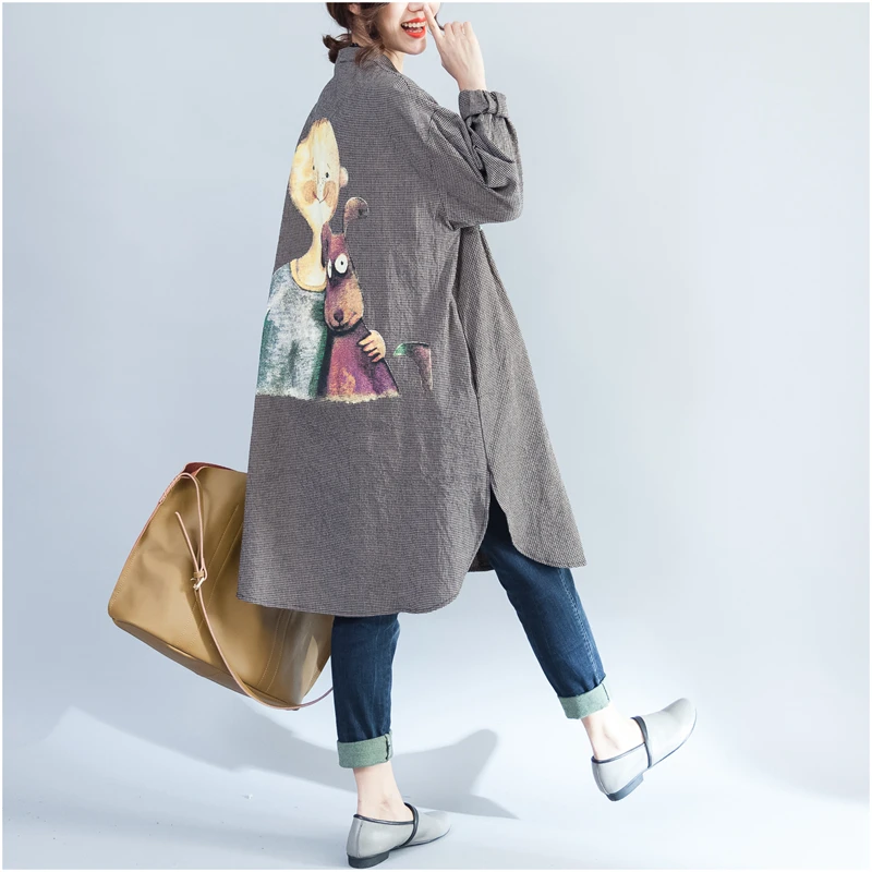 Autumn Women Korea Style Oversized Long Sleeve Stand Collar Plaid Vintage Cartoon Print Single Breasted Coat Cotton Linen Trench