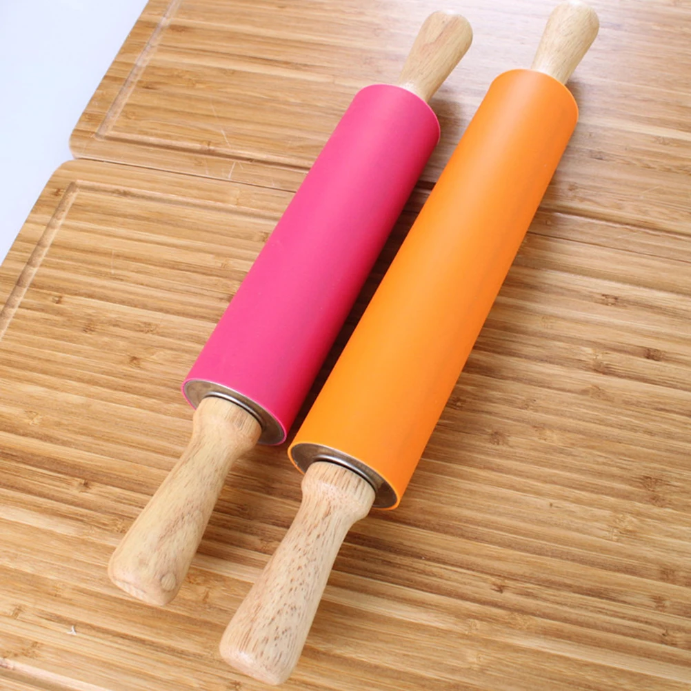 1pc Silicone Rolling Pin 38cm Non-Stick Wooden Handle Kitchen Tool For Pastry Dough Cookie Accessories Color Random