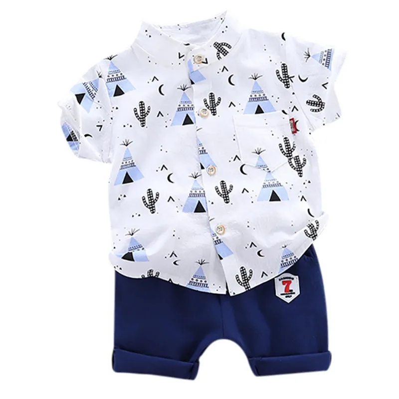 Summer Baby Boys Casual Short Sleeve Floral Print shirt Tops+Denim Shorts Set |