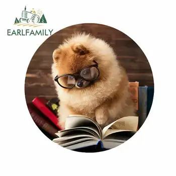 

EARLFAMILY 13cm x 12.9cm for Pomeranian Dog Reading Book Creative Car Sticker DIY Anime Fashion Occlusion Scratch VAN SUV Decals