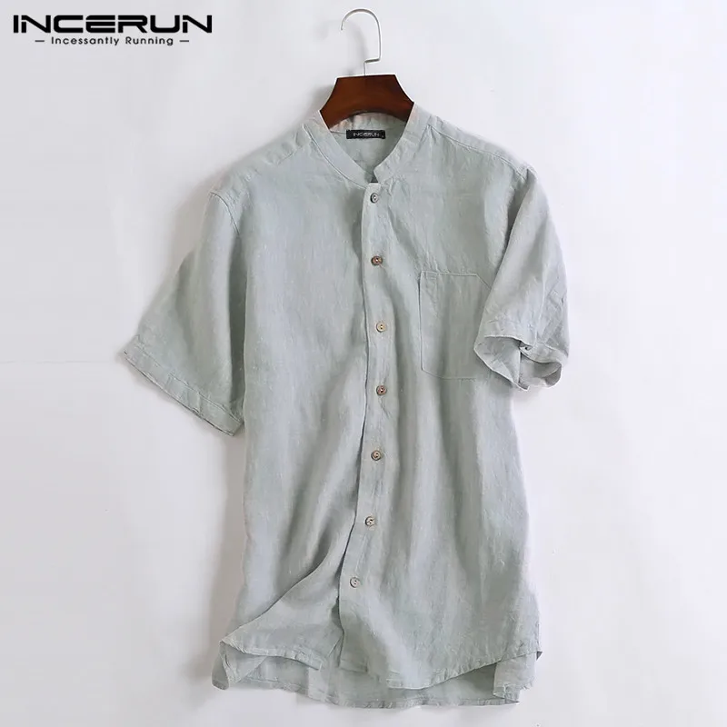 Light Grey INCERUN, летняя мода, Мужская однотонная Повседневная рубашка с коротким рукавом и воротником, удобная хлопковая мешковатая мужская Тонкая блуза, уличная одежда - Цвет: Light Grey