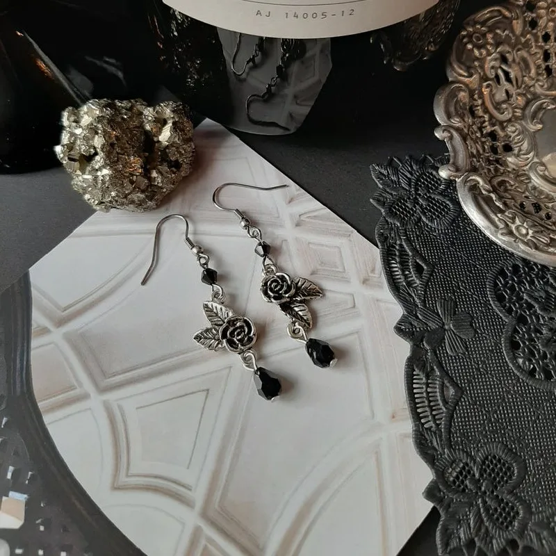 Gothic Rose and Black Crystal Earrings Romantic Dark Witch Vintage Jewelry Wiccan Minimal Pagan Phase Witchy Goddess Women Gift