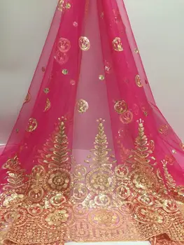 

Rose Gold Pink Sequins African French Lace Fabric High Quality 3 d flowers Tulle Net Lace Fabric 5 Yards Embroidery Nigerian Lace Fabric For Women