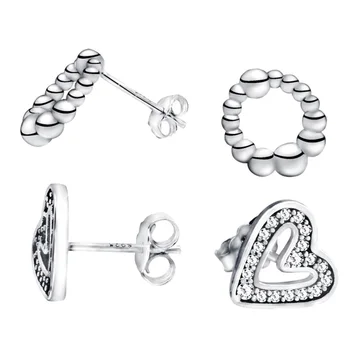 

2020 Valentine New 925 Sterling Silver Sparkling Freehand Heart Beaded Circle Stud Earrings for Women Anniversary Jewelry
