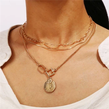 

New Vintage Multilevel Necklaces For Women Boho Fashion Gold Snake Chain Geometric Head Coin Pendant Necklace Jewelry Party Gift