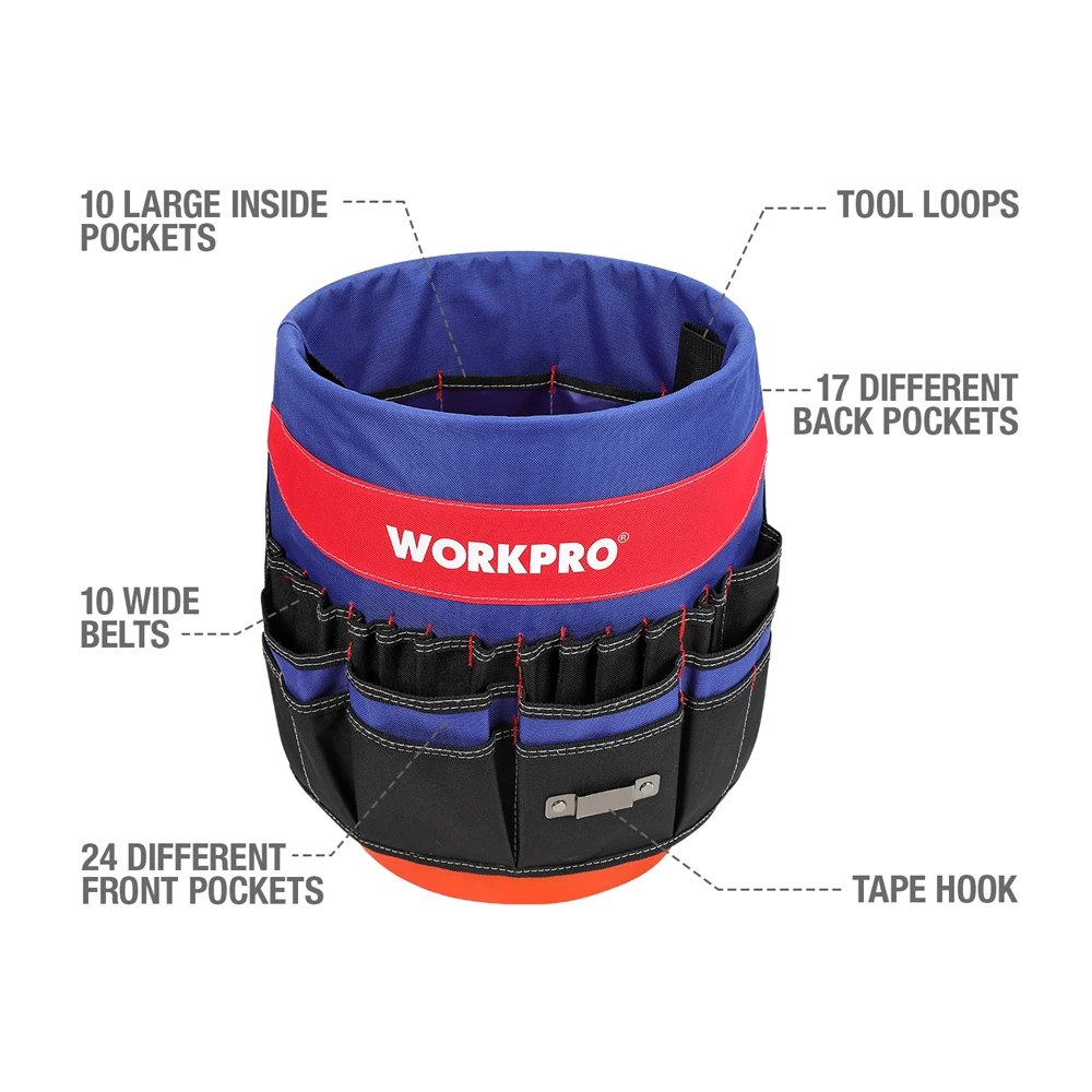 WORKPRO 5갤런 버킷 도구 정리함 버킷 보스 도구 가방(51개 포켓 포함) 3.5-5갤런 버킷에 적합(도구 제외)